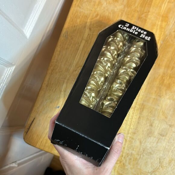 Halloween Decor Two Piece Light Gold Colored Stacked Skull Candlestick Set - Picture 6 of 7